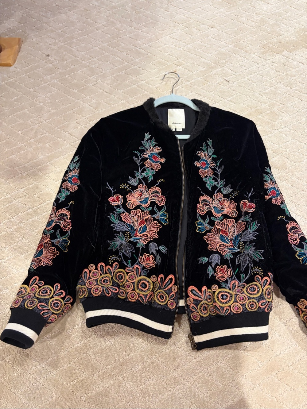 elevenses Black Velvet Bomber Jacket with Multicolor Floral Embroidery